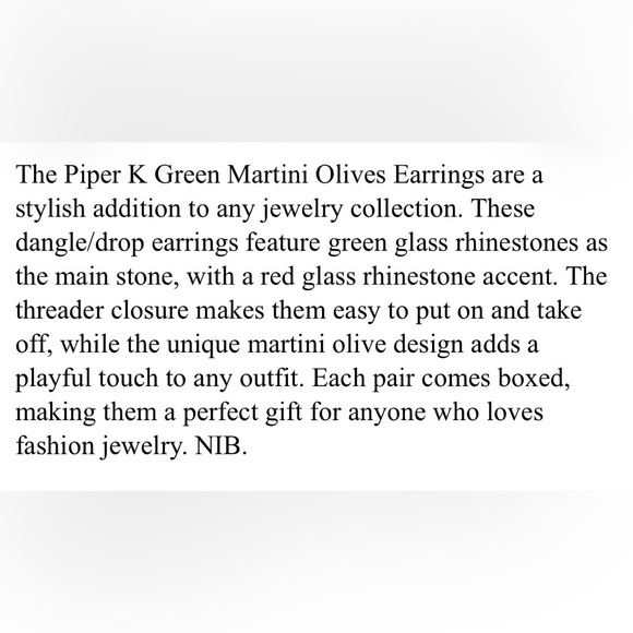 BNIP PIPER K VIRAL MARTINI OLIVES GLASS & CRYSTAL DANGLING EARRINGS - Picture 8 of 11